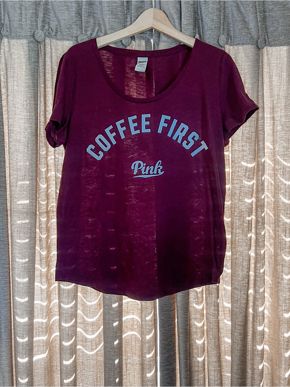 Y2K PINK Victoria's Secret Women's 'Coffee First' Deep Wine Tee Size Large